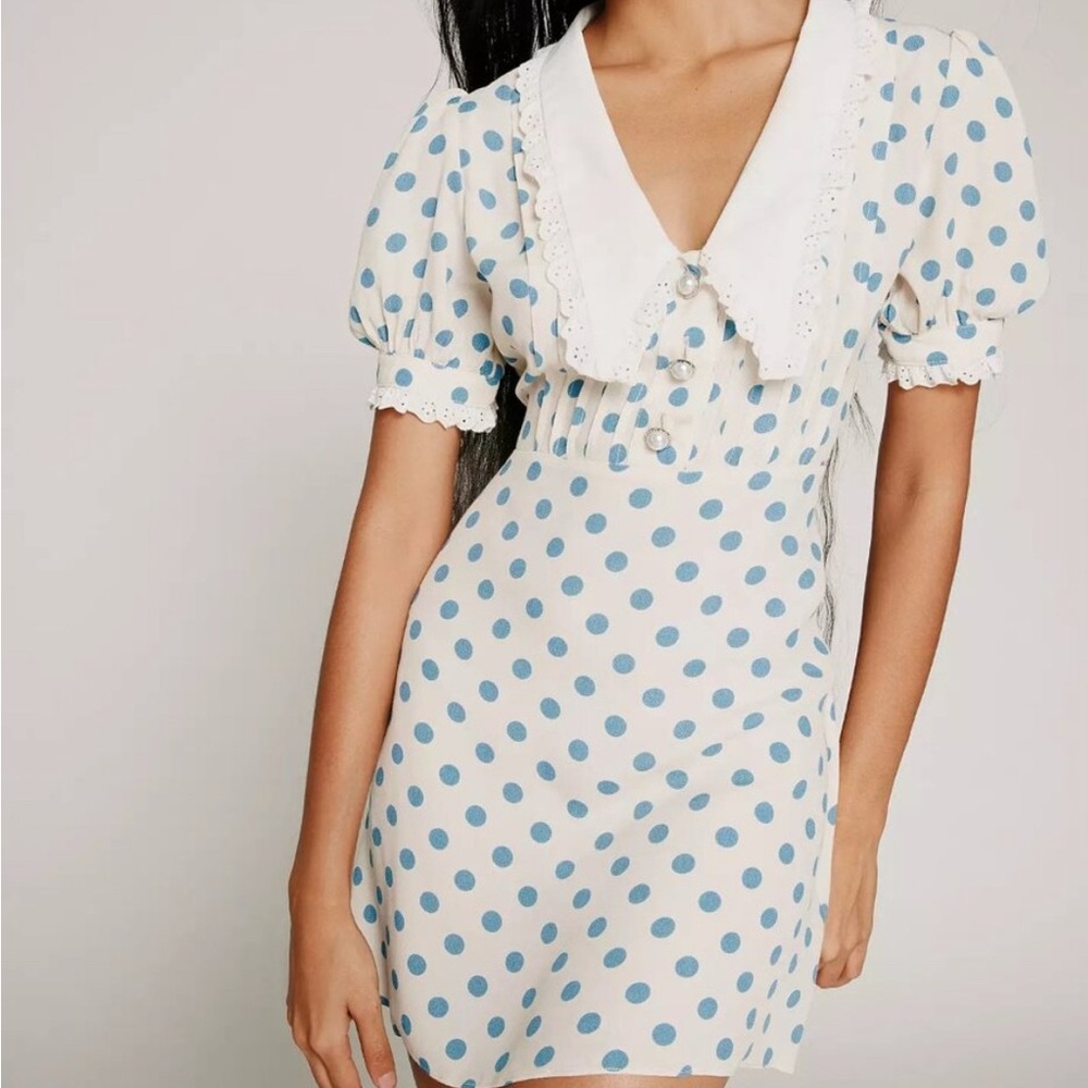 White and Blue Puff Sleeve Babydoll Mini Dress